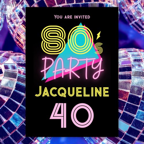 Editable Retro 80s Party Neon Pink 40th Birthday Invitation