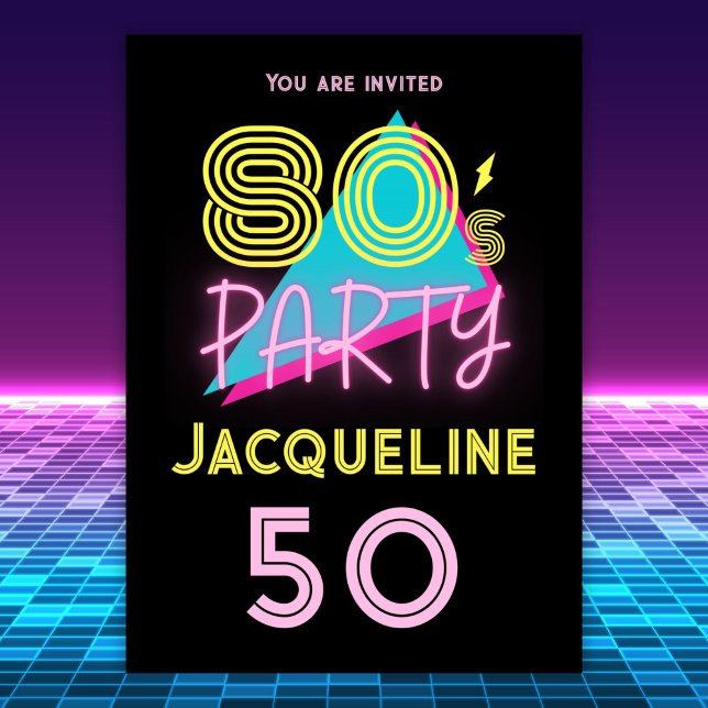 Editable Retro 80s Party Neon Pink 50th Birthday Invitation (Creator Uploaded)