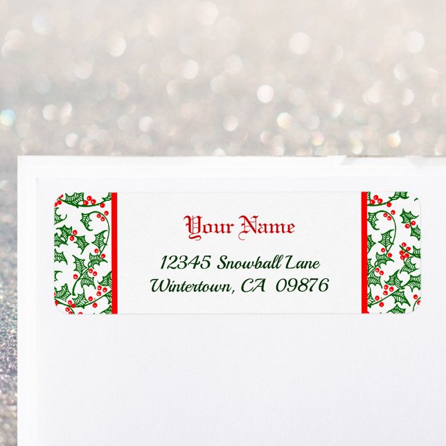 Editable retro green holly red berries pattern label (Creator Uploaded)