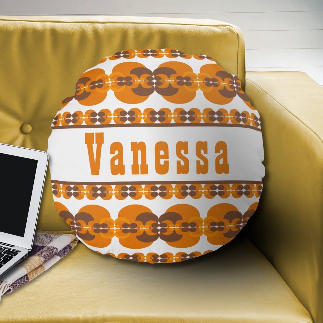 Editable Retro Groovy 70's Bubbles Pattern Name Round Pillow (Creator Uploaded)