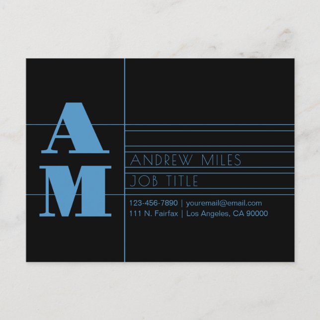 Editable Retro-modern Monogram Light Blue & Black Postcard (Front)