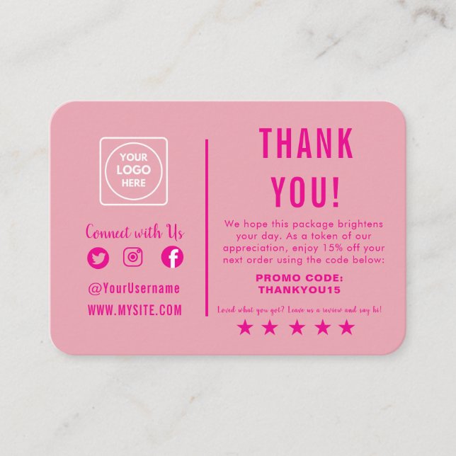 Editable Retro Pink Cute Thank You Note Card (Front)
