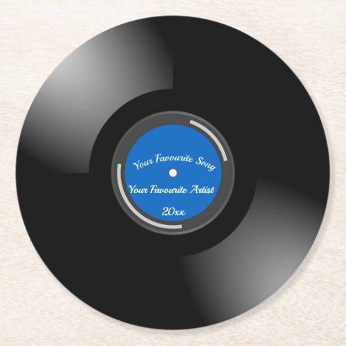 Editable Retro Vinyl Record With Blue Center Round Paper Coaster