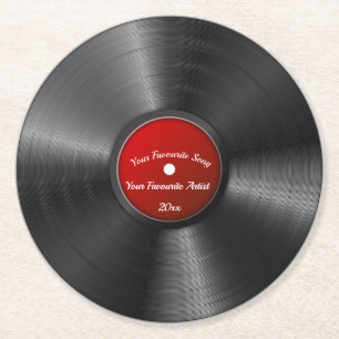 Editable Retro Vinyl Record With Red Center Round Paper Coaster