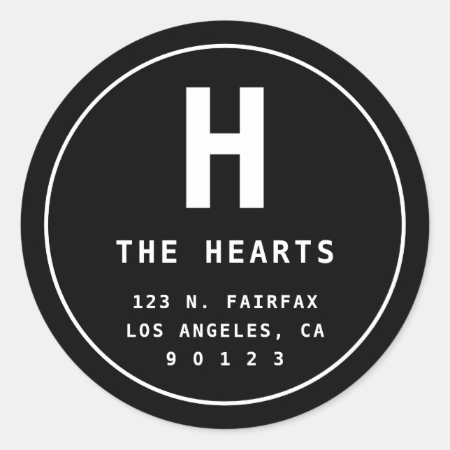 Editable Return Address with Monogram | Black Classic Round Sticker (Front)