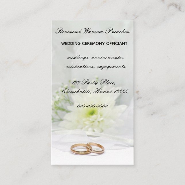 Editable Rings and Flower Wedding Officiant Business Card (Front)