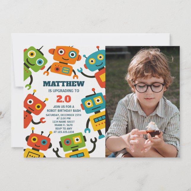 Editable Robot Birthday Invite with photo (Front)