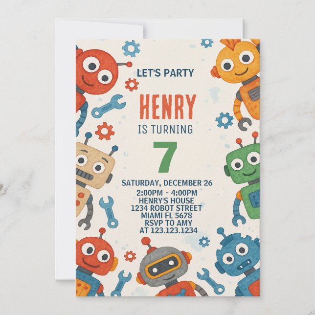 Editable Robot Kids Birthday Invitation (Front)