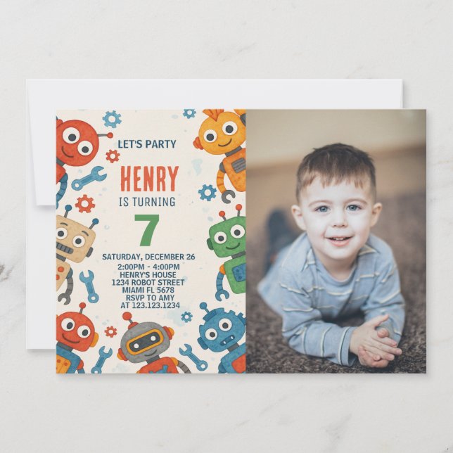 Editable Robot Kids Birthday Invitation with photo (Front)
