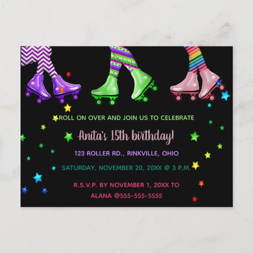 Editable Roller Skating Birthday Party Invitation Postcard