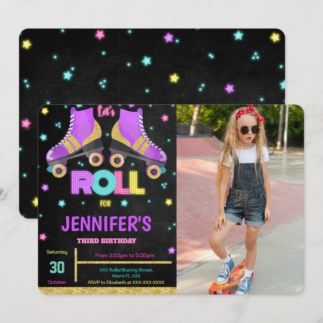 Editable Roller Skating Birthday Photo Invitation (Front/Back)