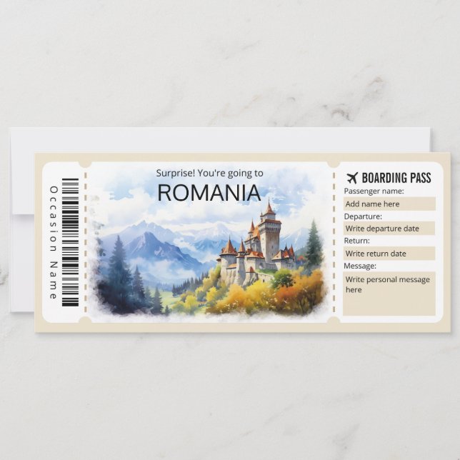 Editable Romania Plane ticket, Romania Trip Invitation (Front)