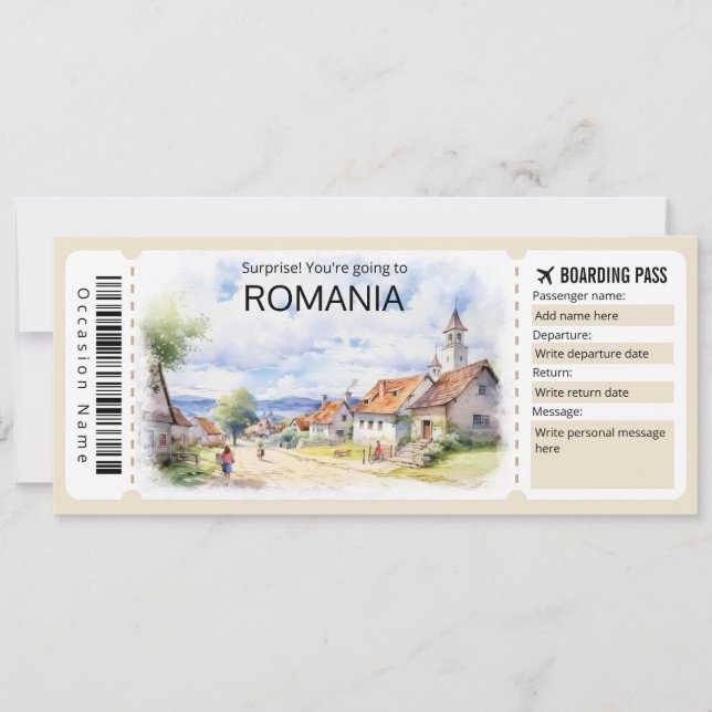 Editable Romania Plane ticket, Romania Trip Invitation (Front)