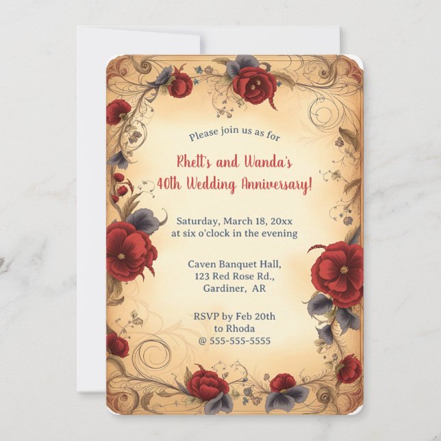 Editable Romantic Deep Red Roses Invitation (Front)