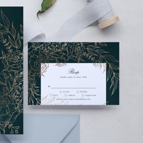 Editable Romantic Flower Wreath Emerald Gold Foil RSVP Card