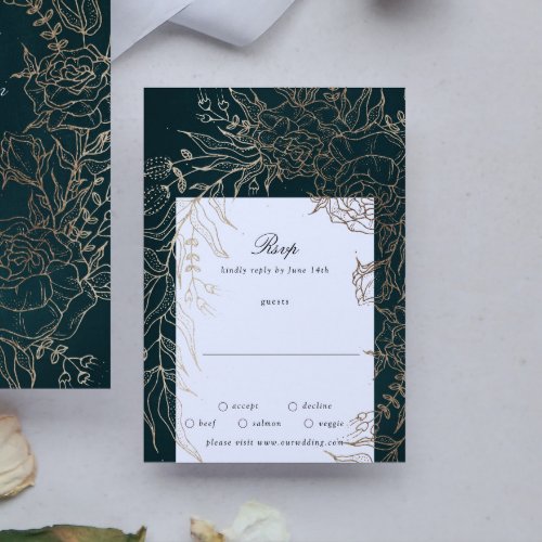 Editable Romantic Flower Wreath Emerald Gold Foil RSVP Card