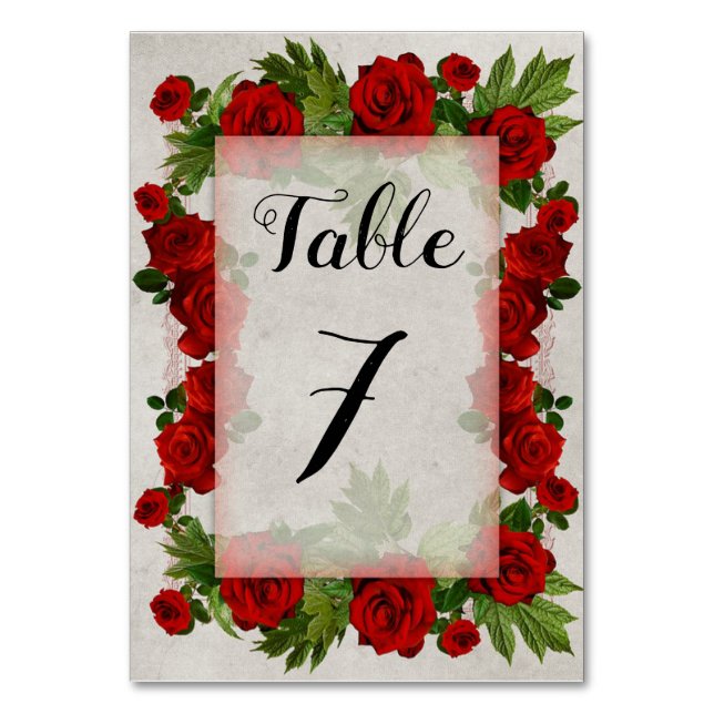 Editable Romantic Red Roses Frame Table Number (Front)