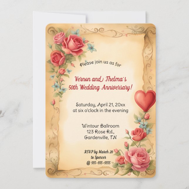 Editable Romantic Roses and Red Heart Invitation (Front)