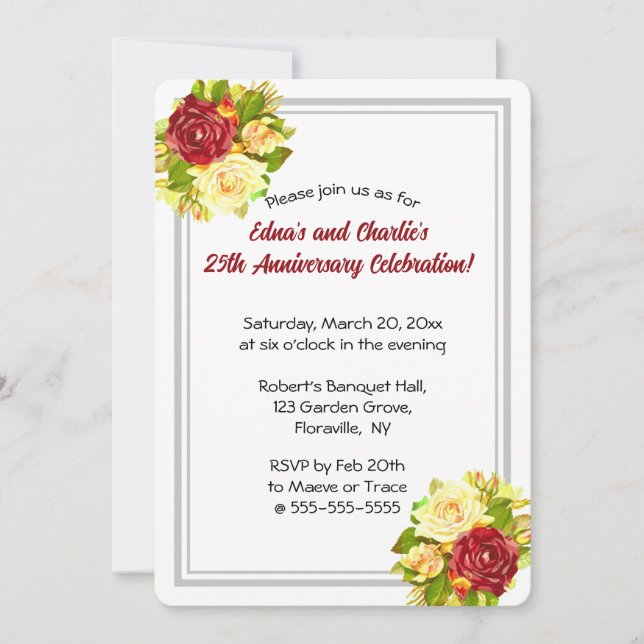 Editable Romantic Watercolour Roses Silver Frame Invitation (Front)