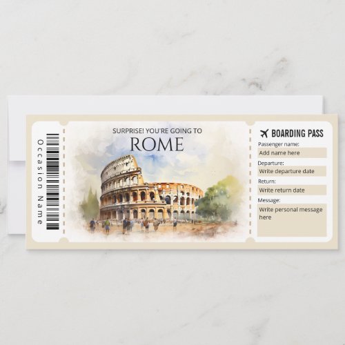 Editable Rome Boarding Pass Plane ticket Invitation