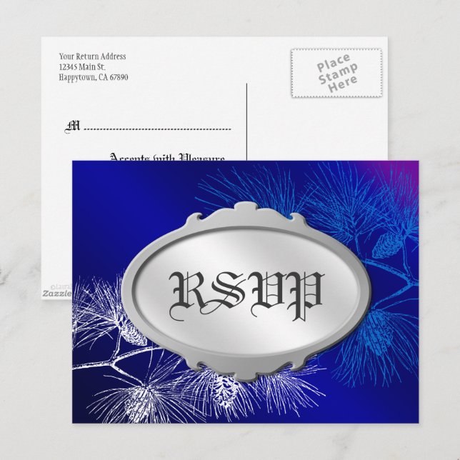 Editable RSVP Holiday Blue White Pine Postcard (Front/Back)