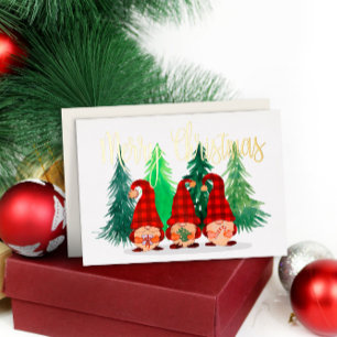 Editable Rustic Gnomes Merry Christmas Real Gold Foil Holiday Card