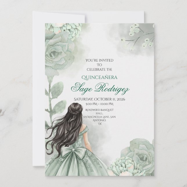 Editable Sage Green  Quinceañera invitation (Front)