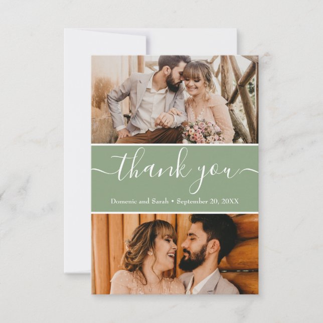 Editable Sage Green Wedding Photos Thank you (Front)