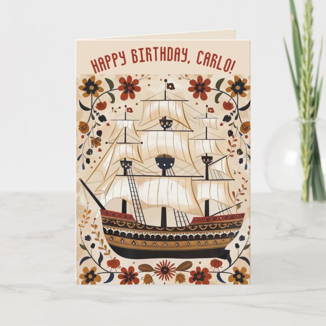 Editable Sailing Ship Birthday  Card (Front)