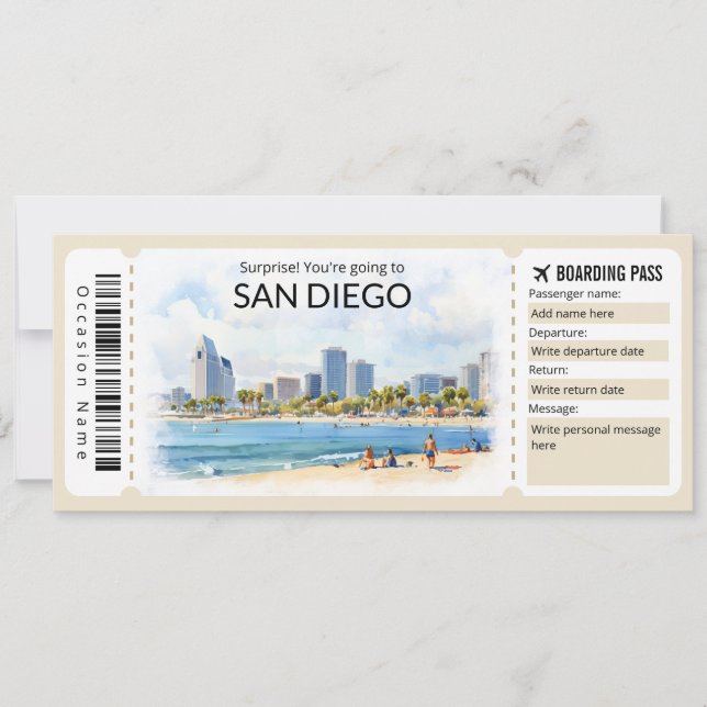 Editable San Diego Plane ticket, California Trip Invitation (Front)