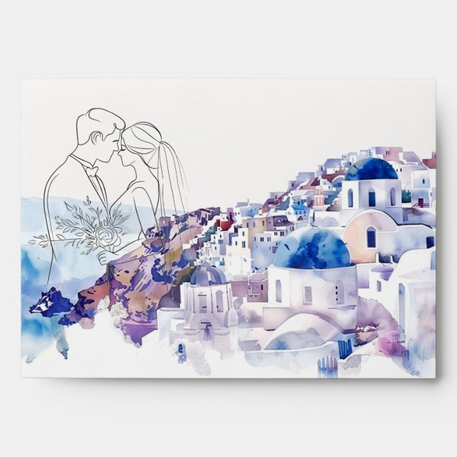 Editable Santorini Destination Summer Wedding Envelope (Front)
