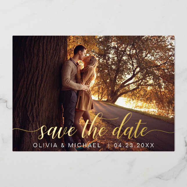 Editable Save the Date Gold Handwritten Photo Foil Invitation (Front)