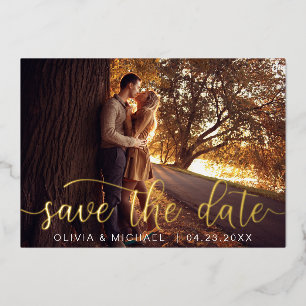 Editable Save the Date Gold Handwritten Photo Foil Invitation