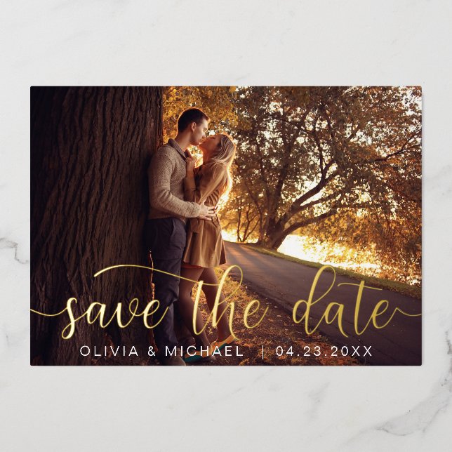 Editable Save the Date Gold Handwritten Photo Foil Invitation (Front)