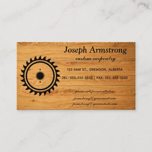 Editable Saw Blade on Wood Carpentry Business Card