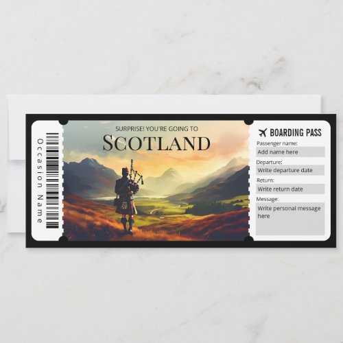 Editable Scotland Plane Boarding Pass Ticket Invitation