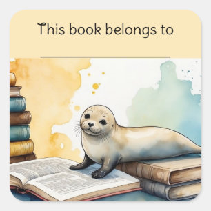 Editable Seal and Books Bookplate Sticker