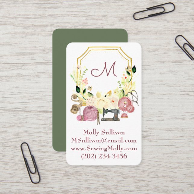 Editable Seamstress Monogram Sewing Business Card (Front/Back In Situ)