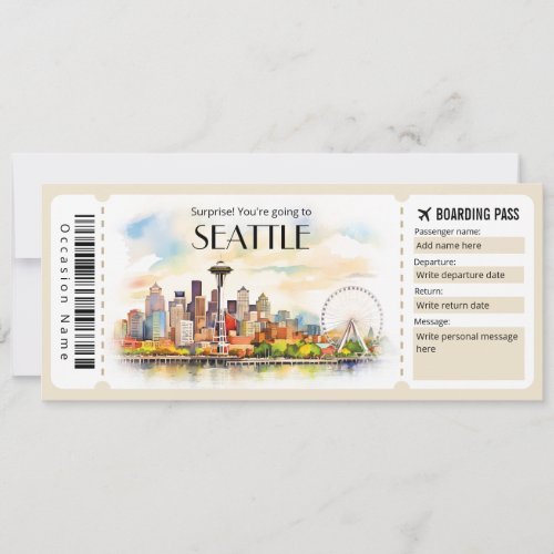 Editable Seattle Plane Boarding Pass Ticket Invitation