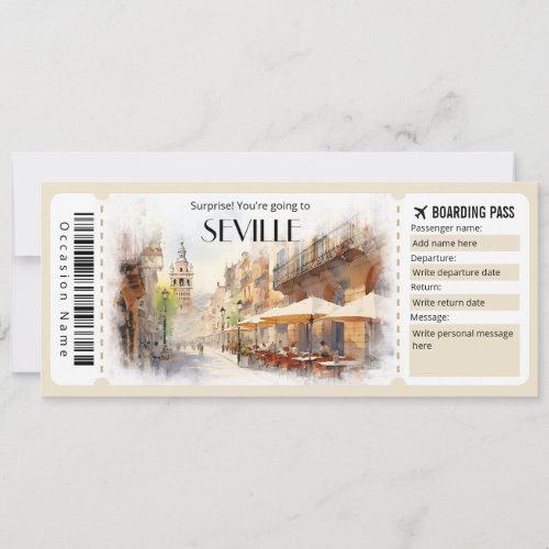 Editable Seville Boarding Pass Plane ticket Invitation