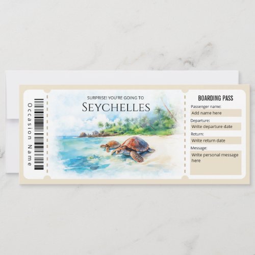 Editable Seychelles Plane Boarding Pass Ticket Invitation