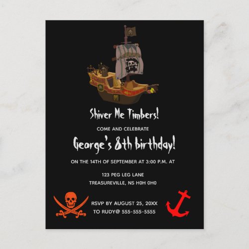 Editable Shiver Me Timbers Pirate Birthday Invitation Postcard
