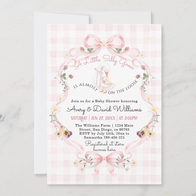 Editable Silly Goose Baby Shower Pink Bow Invitation (Front)