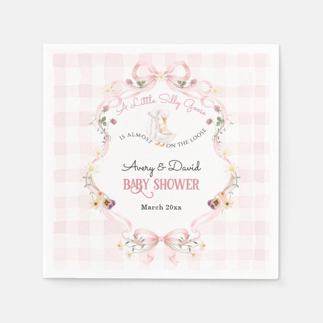 Editable Silly Goose Baby Shower Pink Bow Napkins (Front)