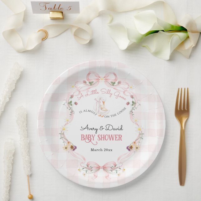 Editable Silly Goose Baby Shower Pink Bow Paper Plates (Wedding)