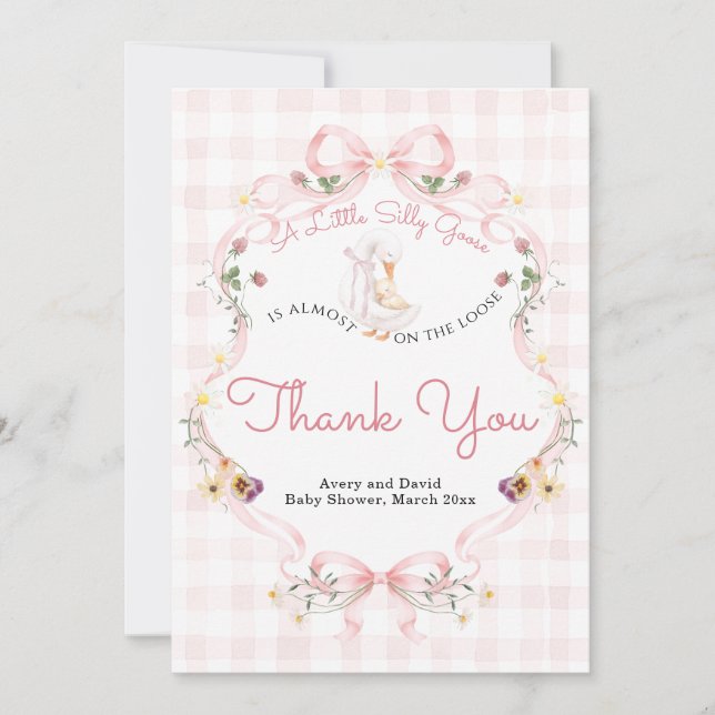 Editable Silly Goose Baby Shower Pink Bow Thank You Card (Front)