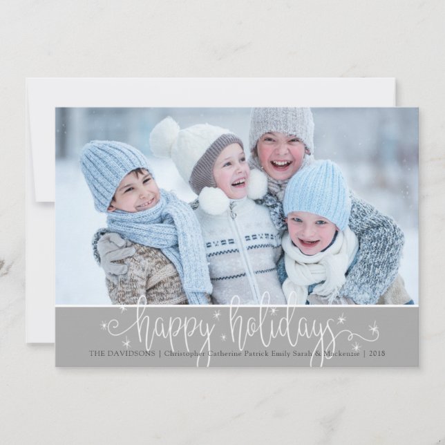 Editable Silver Gray & White HAPPY HOLIDAYS Script Holiday Card (Front)