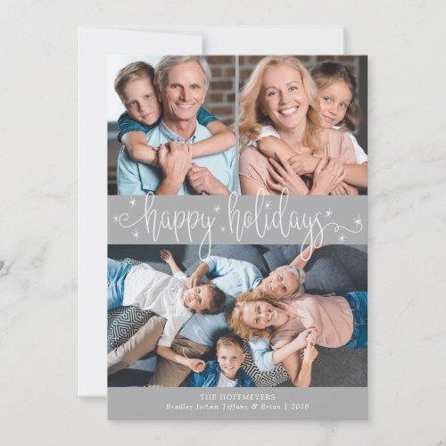 Editable Silver HAPPY HOLIDAYS  Photo on Back Holiday Card