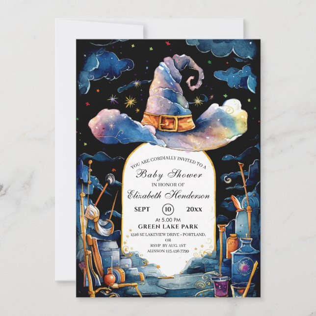 Editable Simple Wizard Hat Baby Shower Invitation (Front)