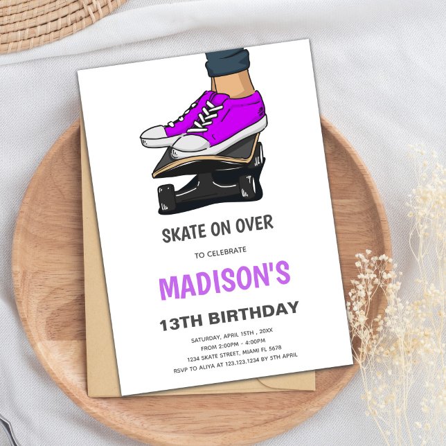Editable Skater Party Invite for Kids (Purple Skateboards Invitations)